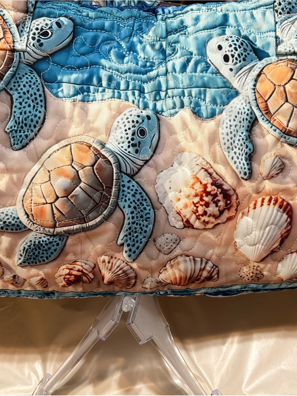 Quilted Sea Turtle Tote/Travel Bag in Blue & Tan 18” x 9”